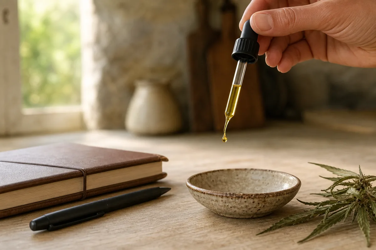 Compte-gouttes déposant une goutte d&rsquo;huile végétale à côté d&rsquo;un carnet fermé et d&rsquo;un stylo sur un plan de travail en bois