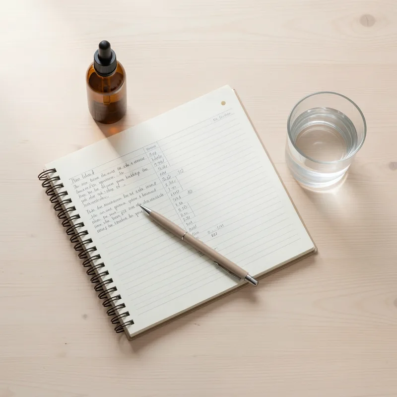 Flacon d’huile de CBD posé près d’un carnet de suivi et d’un verre d’eau
