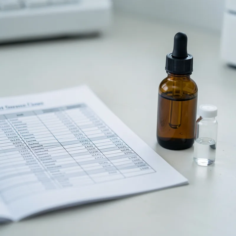Certificat d’analyse de laboratoire imprimé, posé à côté d’un flacon d’huile de chanvre ambré