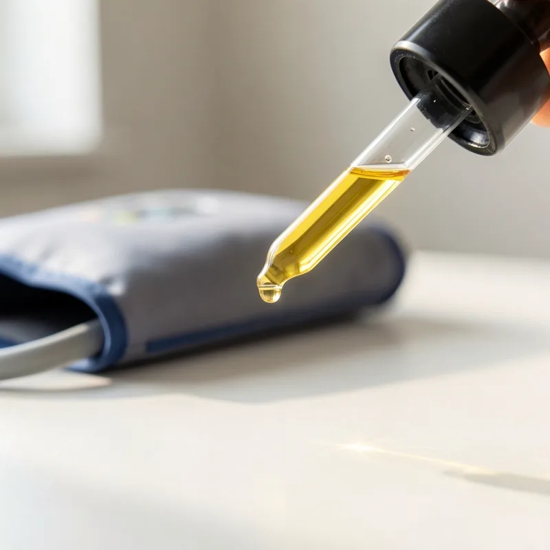 Pipette graduée versant une goutte d’huile de chanvre à côté d’un tensiomètre
