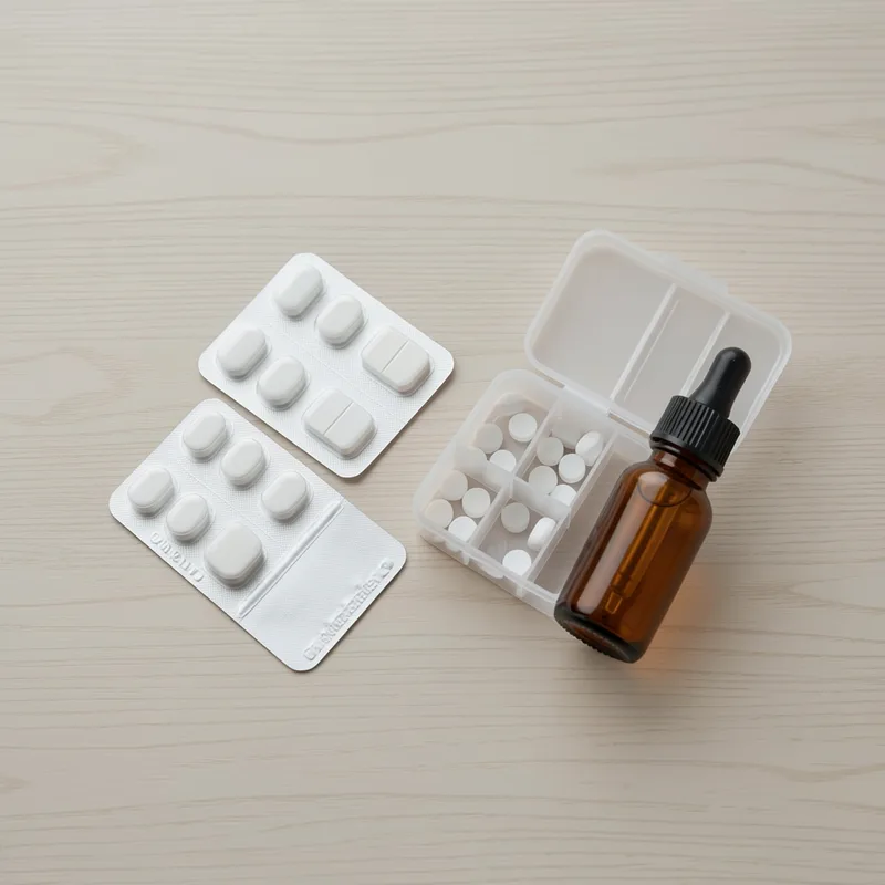 Plaquettes de médicaments et flacon de complément alimentaire disposés sur une table en bois clair