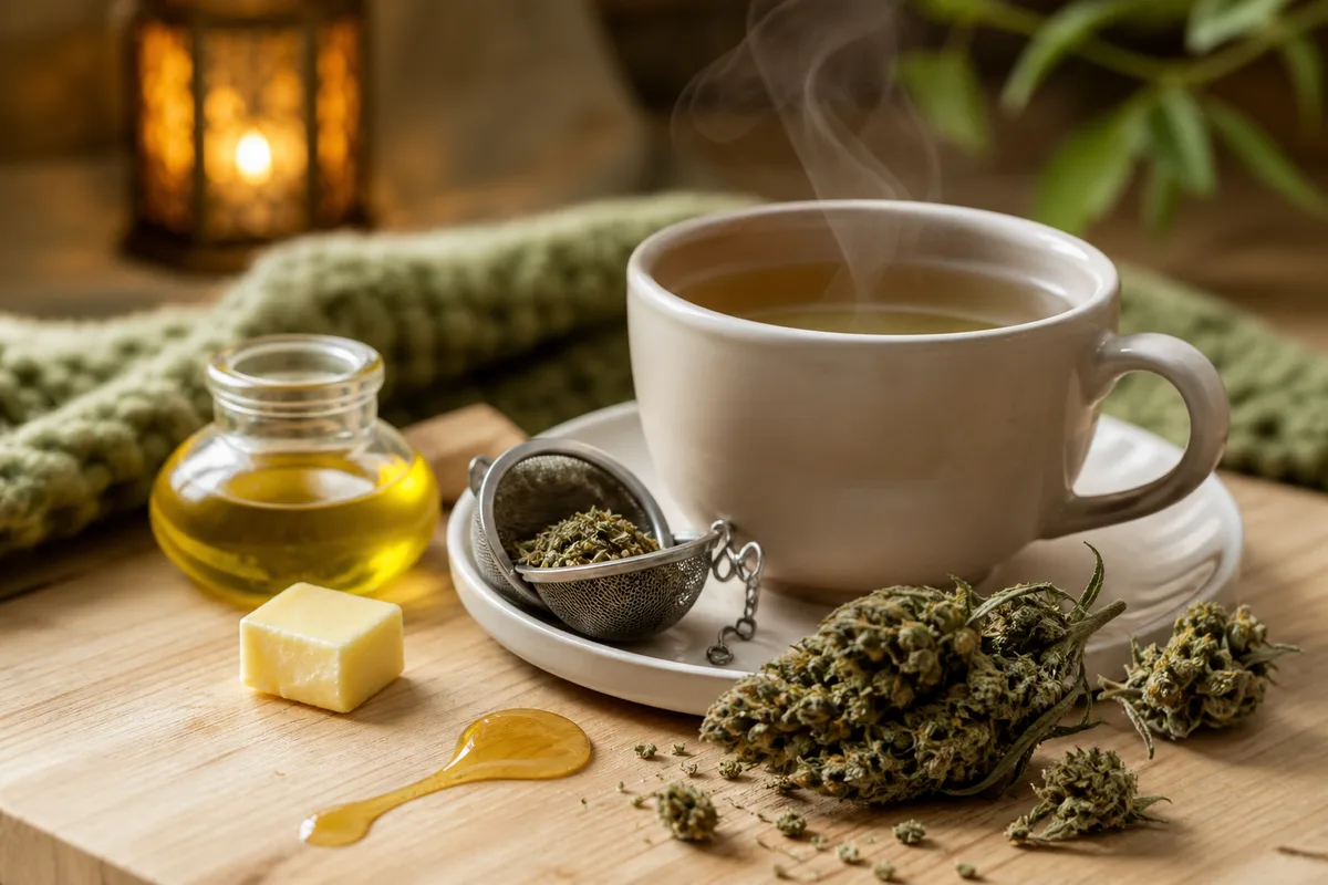 Tisane de fleurs de CBD infusée avec un corps gras, à côté de têtes de chanvre séchées et d&rsquo;un morceau de beurre