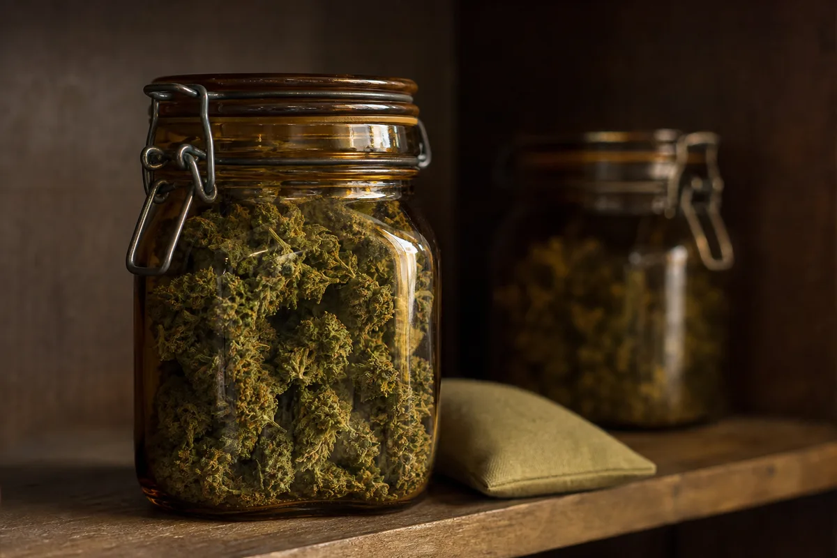 Fleurs de CBD conservées dans un bocal en verre opaque hermétique, à l&rsquo;abri de la lumière