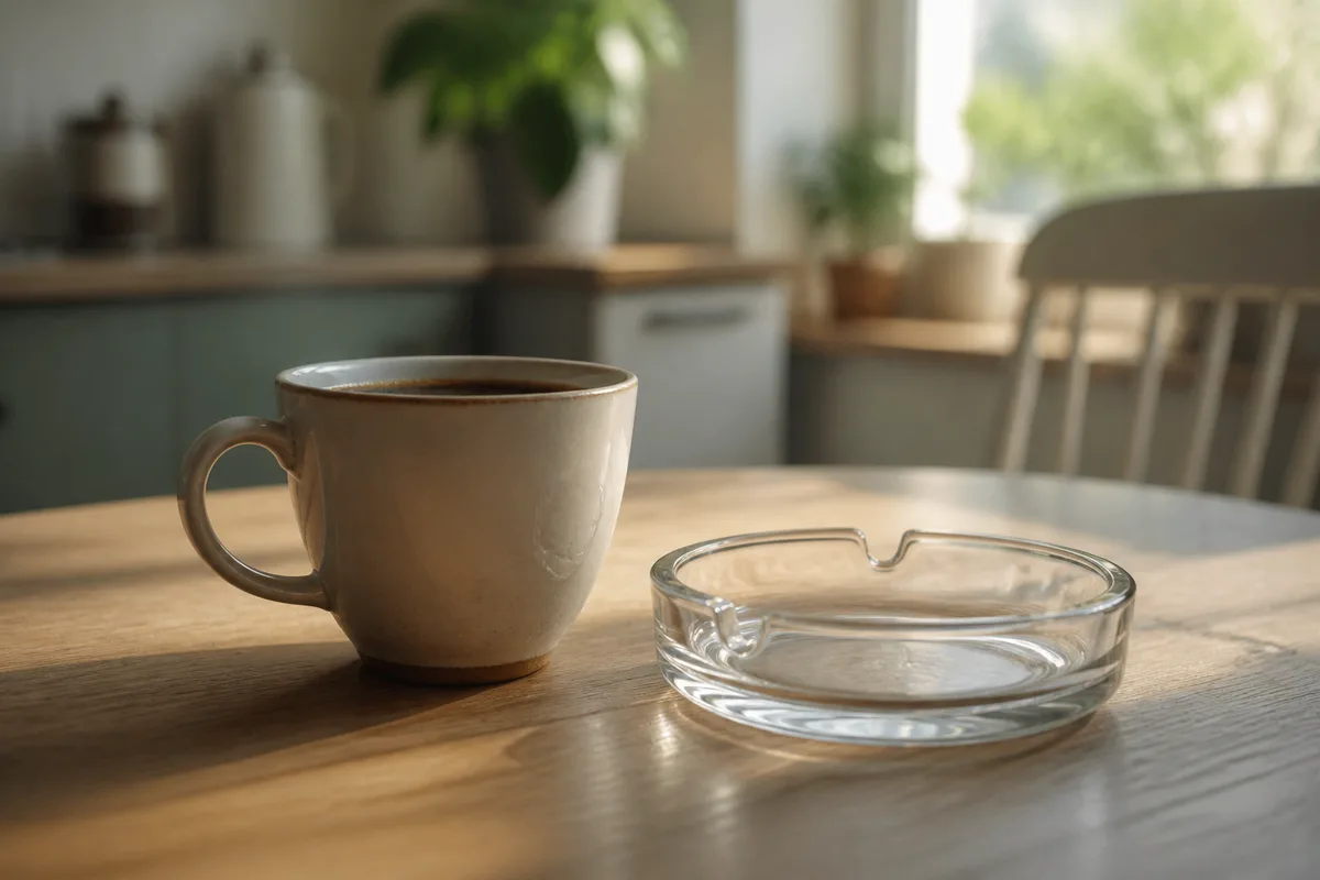 Tasse de café posée près d’un cendrier vide sur une table de cuisine, lumière du matin