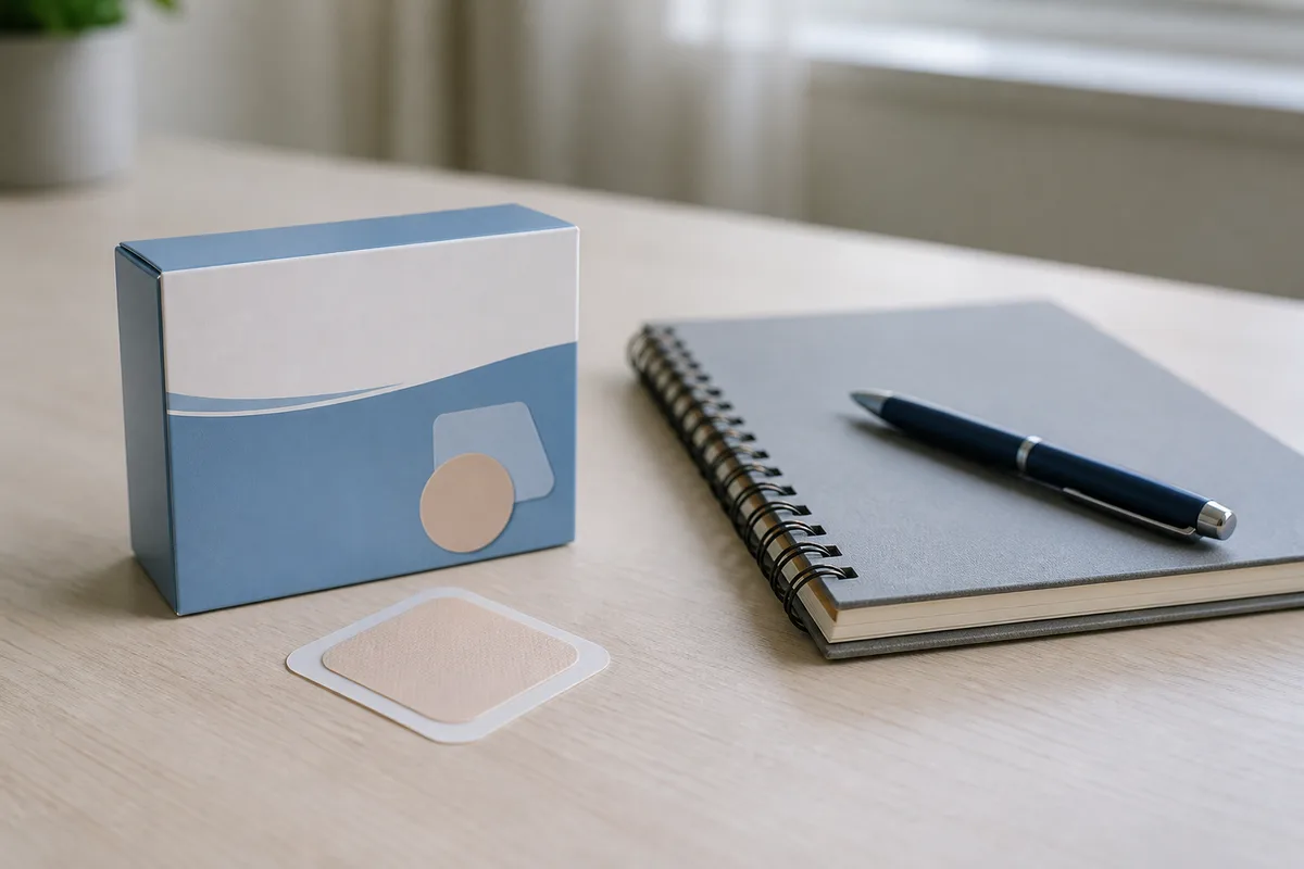 Boîte de patchs nicotiniques et carnet de suivi posés sur un bureau clair